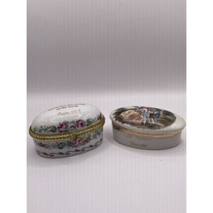 Box Lot of 2 Vintage Porcelain‎ Top Painted Hinged Trinket Pill Boxes Stash Box